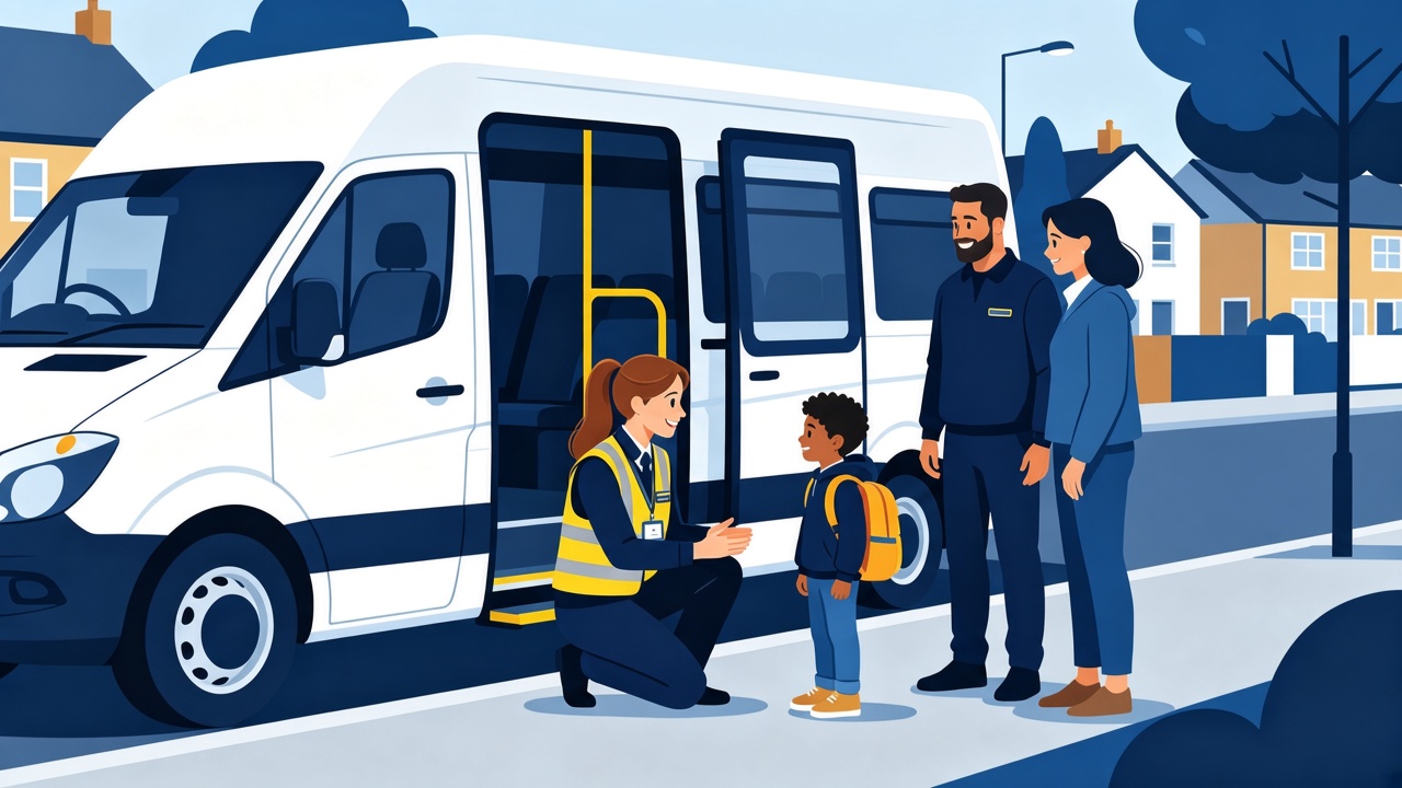 Passenger Assistant greeting a family at a school vehicle